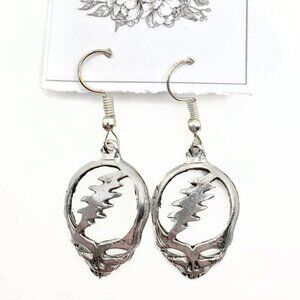 Handmade Silvertone Grateful Dead SYF Steal Your Face Dangle Earrings, New